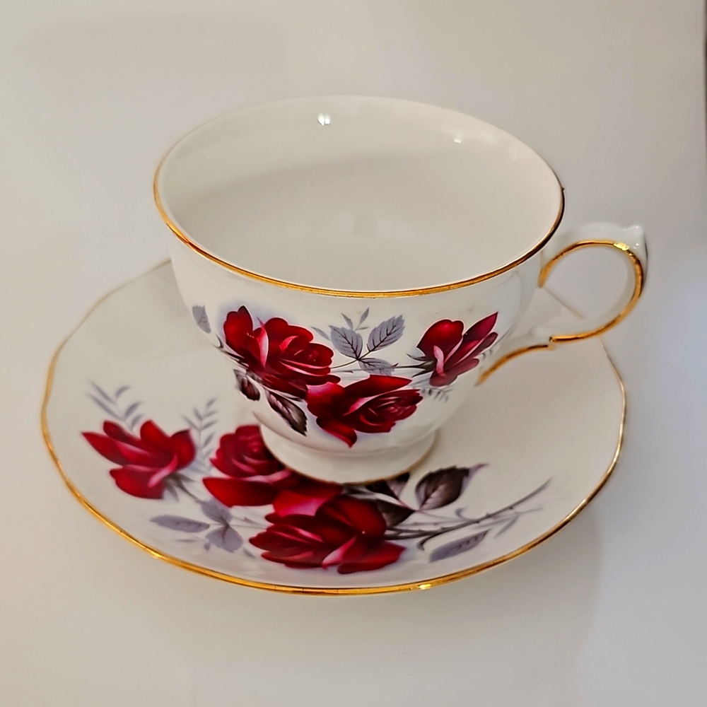 Vintage Queen Anne Tea Cup & Saucer bone China England Wild Roses